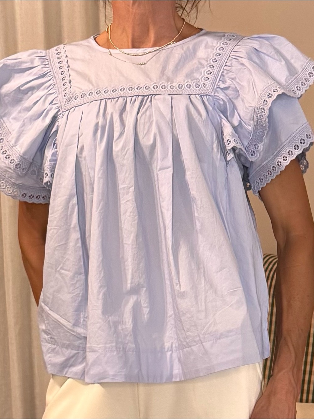 easel Light Blue Eyelet Yoke Puff Sleeve Top